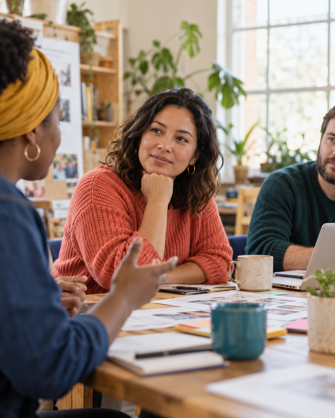 Charity coworkers listening and planning together