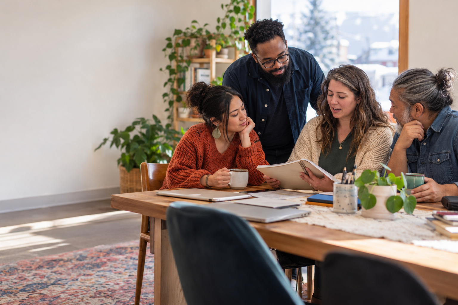 A diverse charity team collaborating around a table